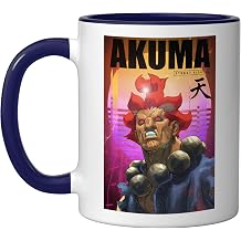 Street Fighter Akuma Retro Poster Graphic Gaming Merch Ceramic Mug, Dark Blue/White, 11oz