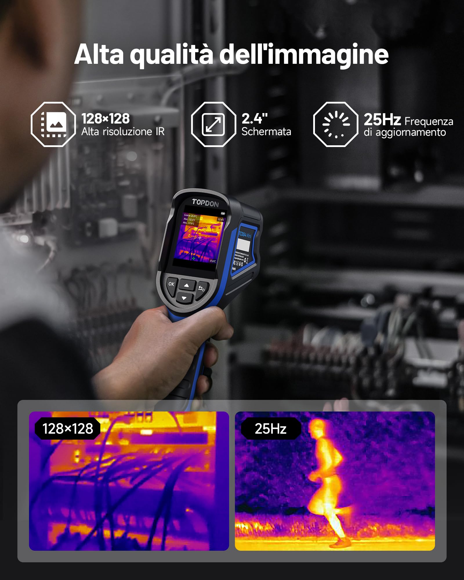 TOPDON Termocamera TC004 Mini, risoluzione IR 240x240, durata della batteria 15 ore, da -20°C a 450°C, 25 Hz, termocamera portatile per manutenzione domestica, ispezione perdite, ispezione HVAC