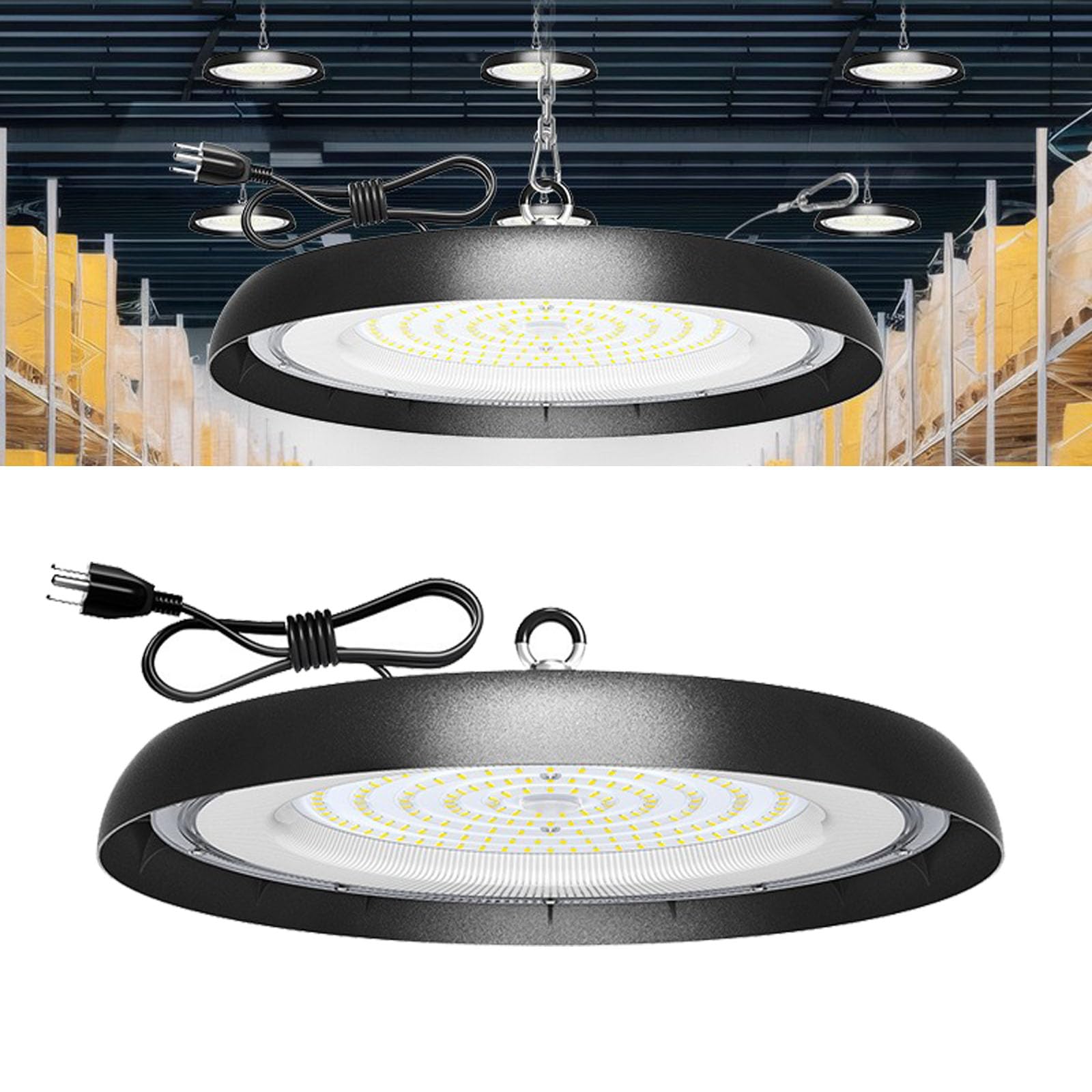300W UFO LED High Bay Light,33000lm,Daylight 6000K,6FT US Plug,AC110-277V,Waterproof IP65 Commercial LED Shop Lights for Workshop Factory Barn