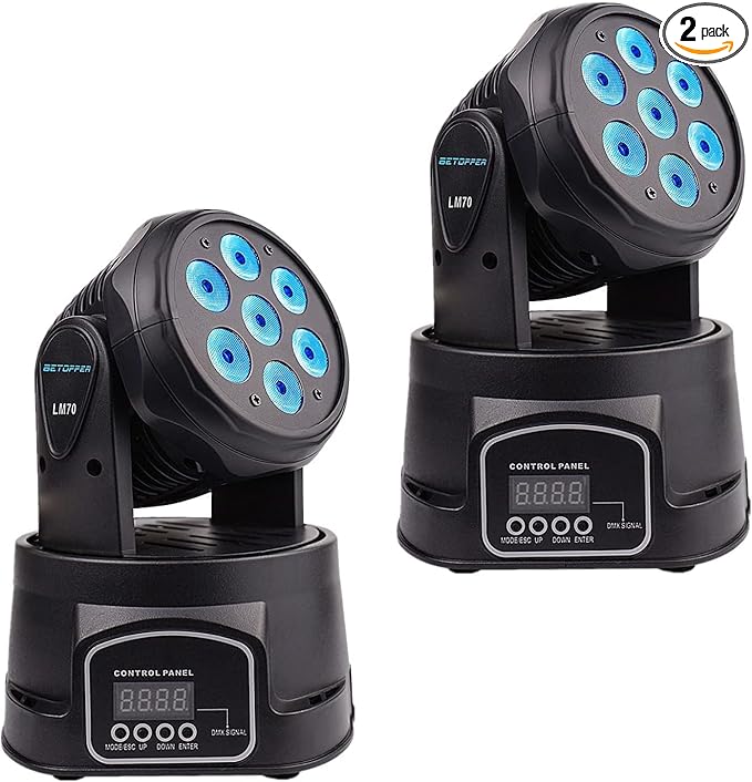 BETOPPER DJ Lights Moving Head, 7x8W RGBW Sound Activated/DMX Lighting, Moving Head Lights for Stage, Party, Live, DJ, Bar, Disco Lighting (2 Packs)
