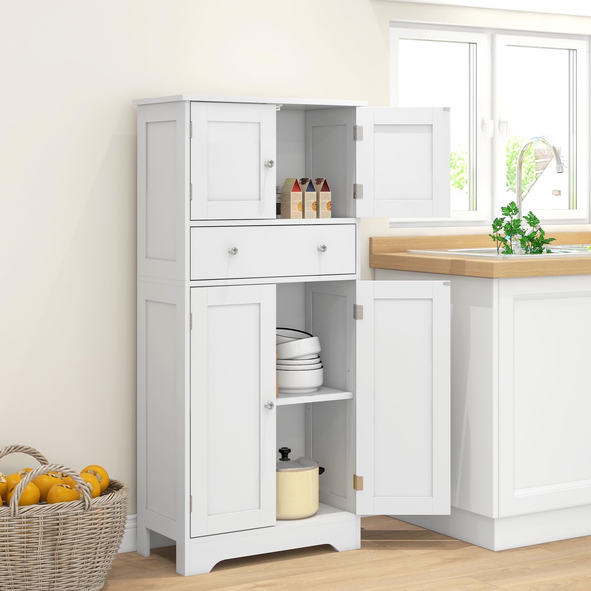 HOMCOM Armadio da cucina a buffet in stile moderno con armadietti, ripiani regolabili, cassetto, per sala da pranzo, soggiorno, 60 x 30 x 128 cm, bianco