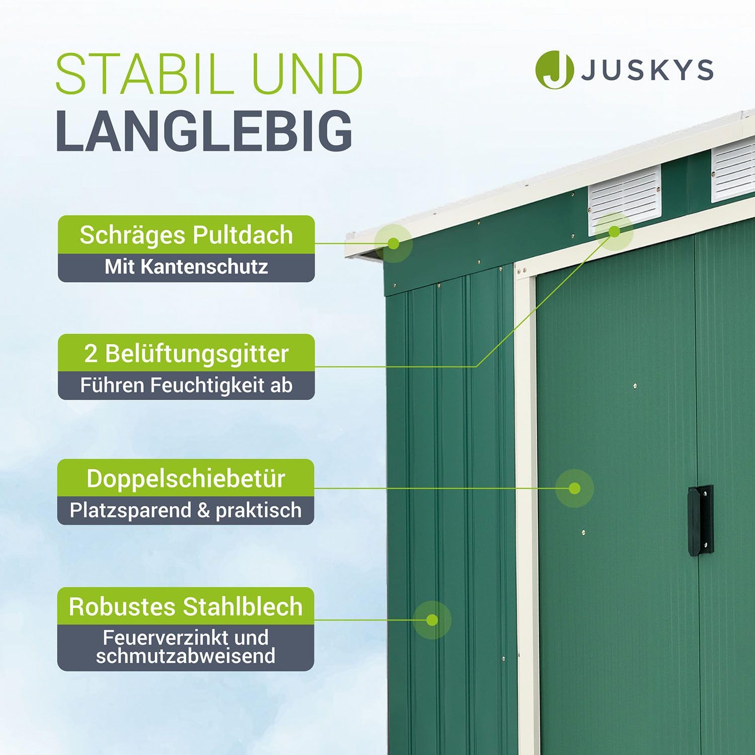 Juskys Domek narzędziowy M metalowy 4 m³ z jednospadowym dachem, drzwiami przesuwnymi i fundamentem - 213 × 130 × 173 cm - zielony - szopa na narzędzia ze stali