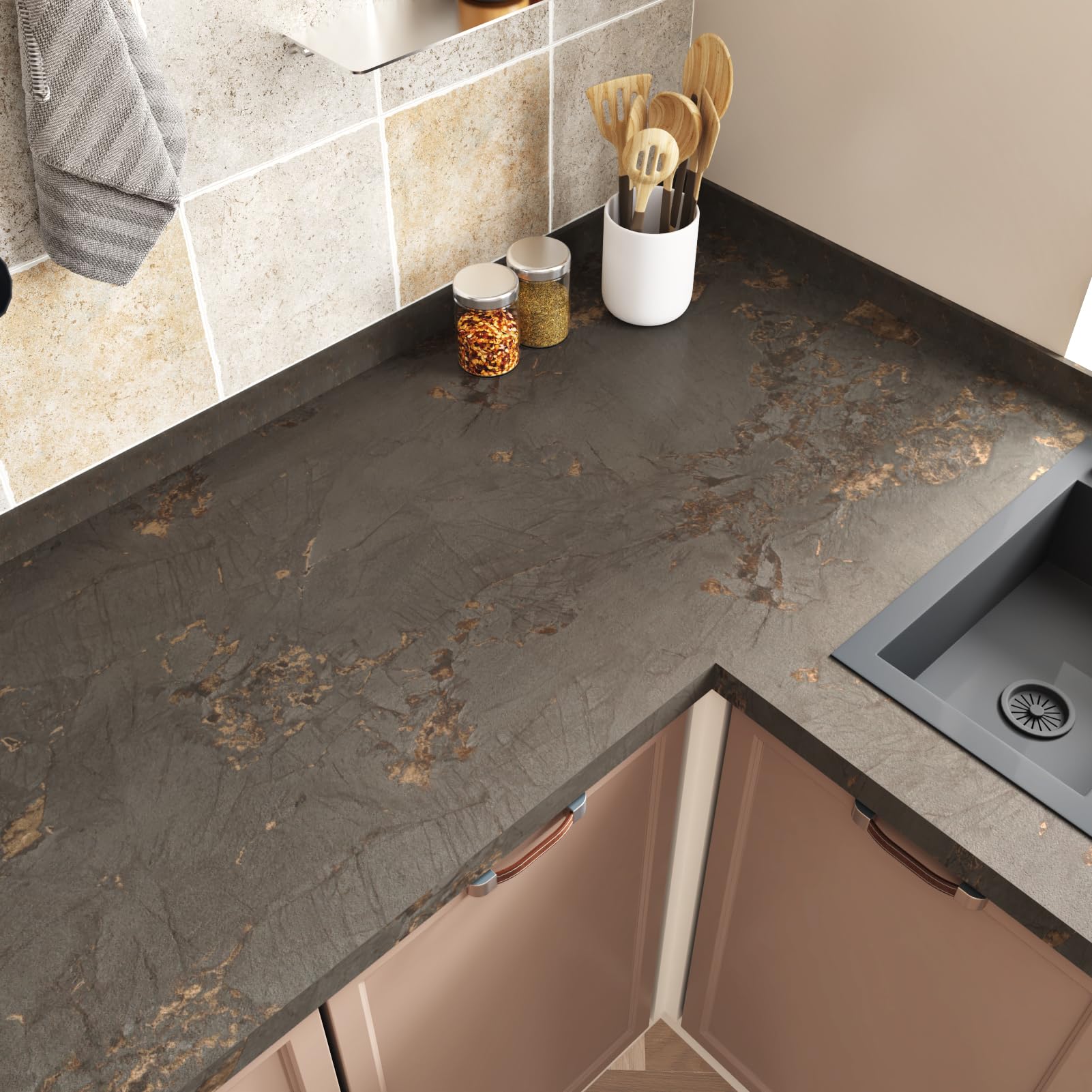 Wallercity Brown Gold Marble Contact Paper for Countertops Marble Wallpaper Matte Counter Contact Paper Waterproof Rock Brown Countertop Peel and