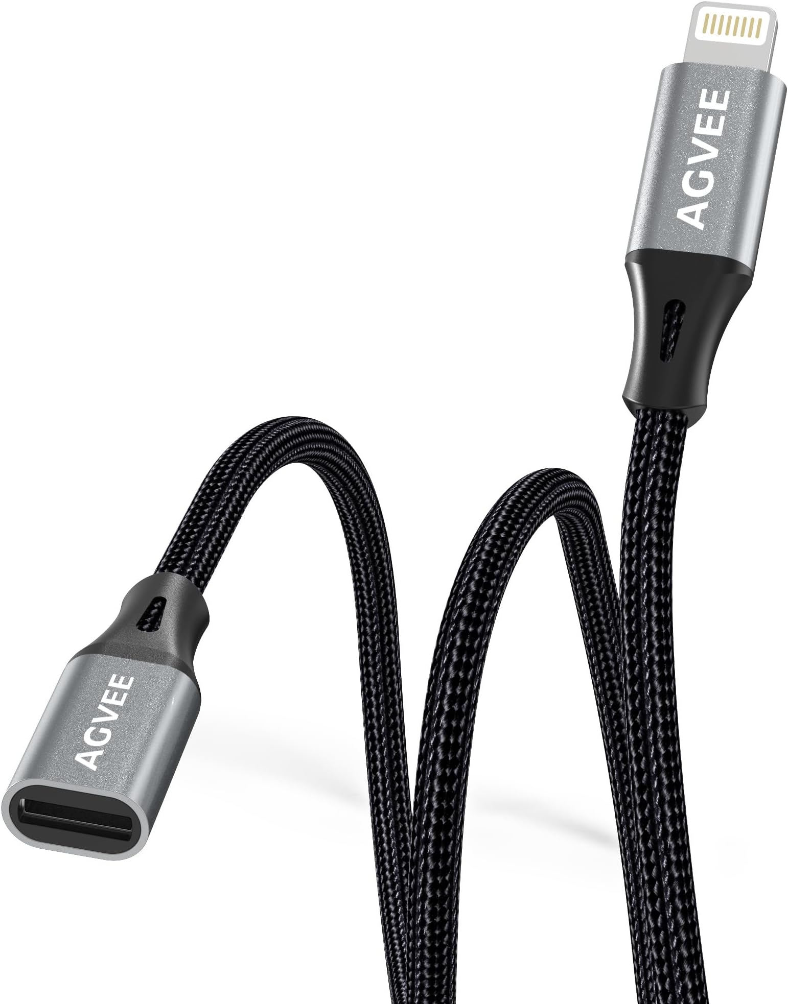 AGVEE 2 Pack 6.6ft Lightning Extension Cable, Braided Female to Male Extender Full Function Cord Compatible with iPhone iPad, Data Sync Video Audio & Charging Connector Adapter, Dark Gray