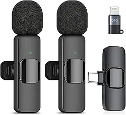 Microfone Lapela Sem Fio com Redução de Ruído Bluetooth Kit 2 Microfonones Abafamento de Ruído Compatível (Tipo C e IOS), Camera, iPhone, Android, PC Até 10 Horas Conexão Android e USB-C Premium