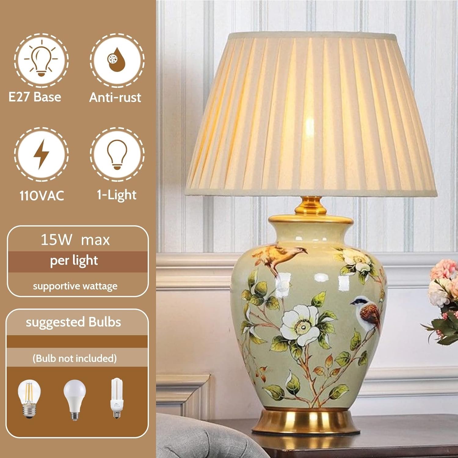 23,6-Calowa Ceramiczna Lampa Stołowa Z Motywem Kwiatów I Ptaków W Stylu Chinoiserie, Biurko Led, Nowoczesna Szafka Nocna Do Sypialni, Salonu, Pokoju Rodzinnego I Biura