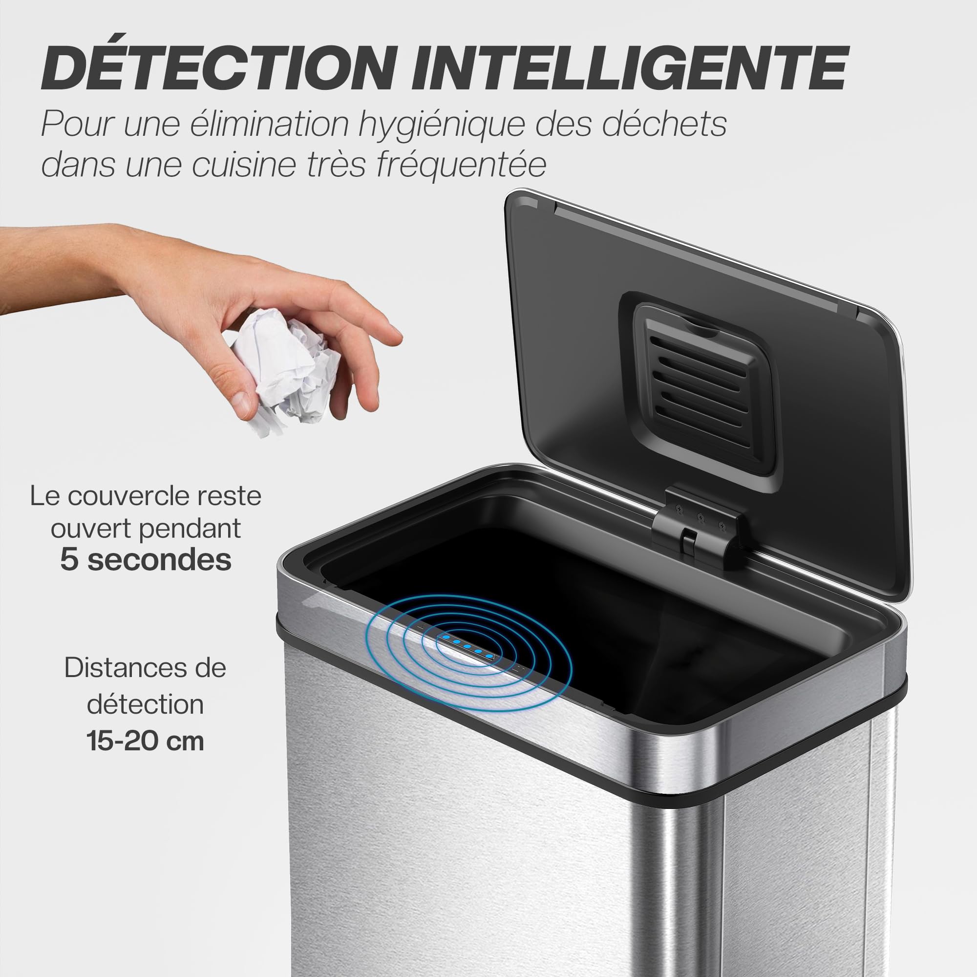 HOMCOM Poubelle à Capteur 50 L, Couvercle à Fermeture Douce Argenté | Poubelle de Cuisine Automatique sans Contact, en Acier Inoxydable Anti-Traces, pour Cuisine, Maison, Bureau