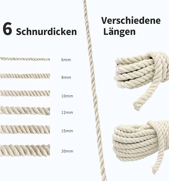 Cotton Rope 20mmx5M Thick White Rope Soft Natural Cotton Cord for Macrame Plant Hanger Kit, Garden Decking, DIY Crafts & Home Decoration