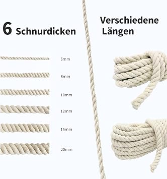Cotton Rope 20mmx5M Thick White Rope Soft Natural Cotton Cord for Macrame Plant Hanger Kit, Garden Decking, DIY Crafts & Home Decoration