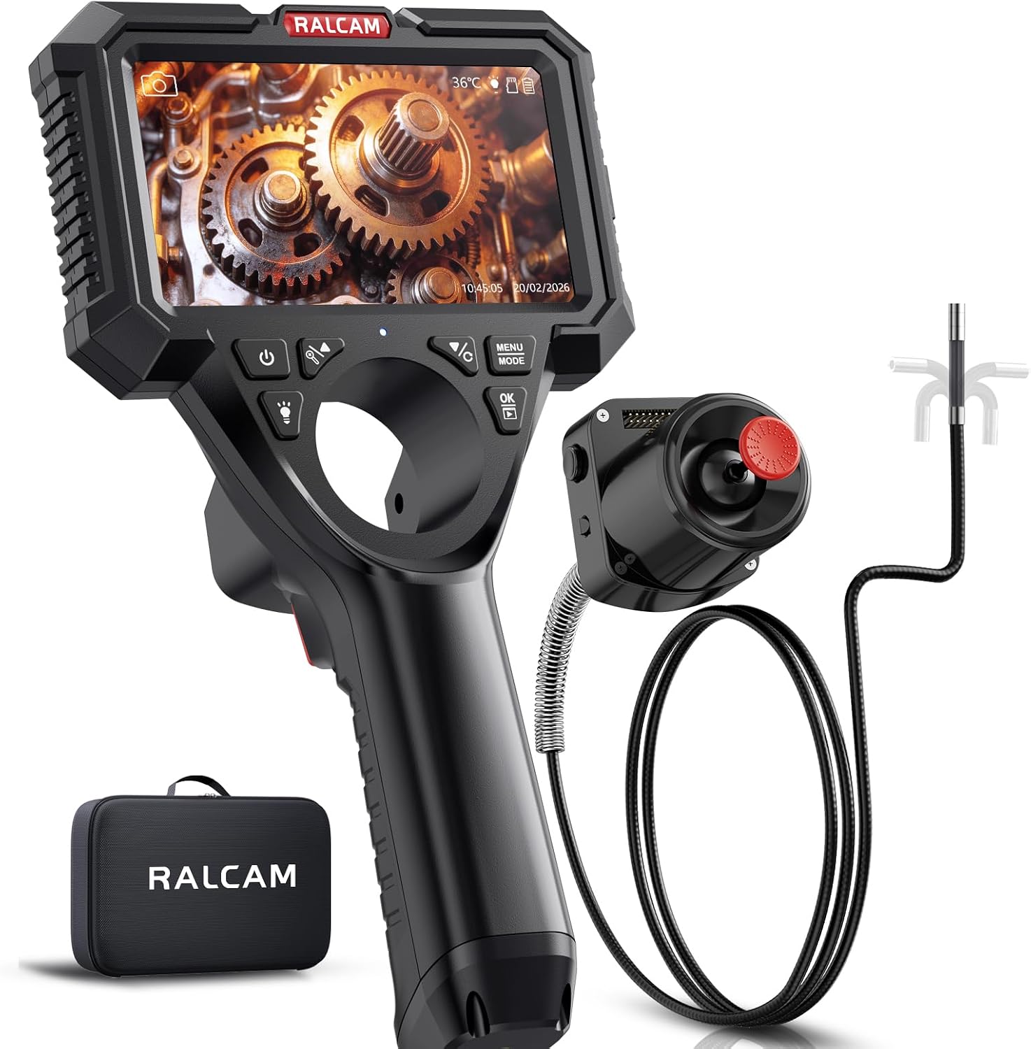 Ralcam Industrial Borescope Camera with Replaceable Snake Cable, 5" HD Display, 4-Way Articulating Probe & Stainless Steel Joystick, 6.2mm Camera, Waterproof Cable, 5 FT Auto & Pipe