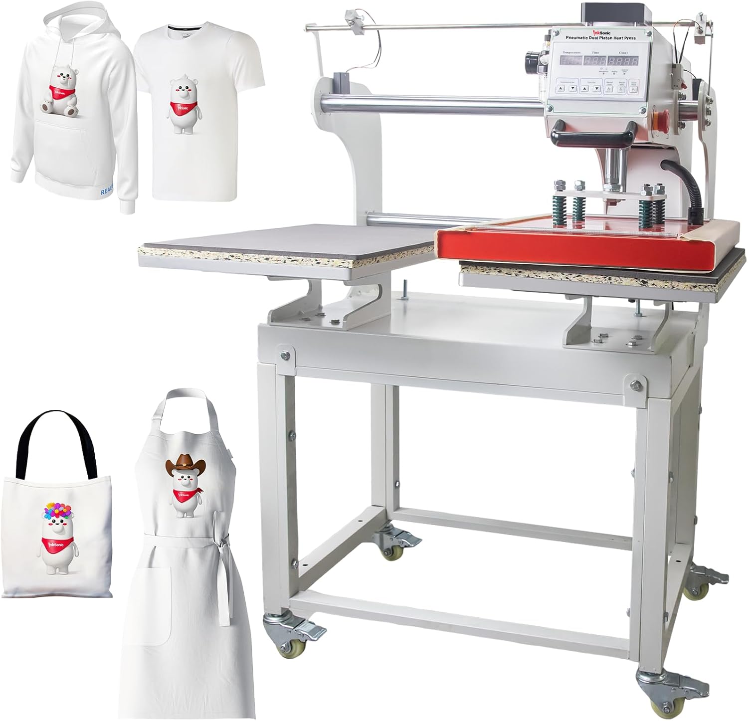 InkSonic 16x24 Inch Large Auto Pneumatic Dual Heat Press Machine, Sliding Side Commercial 40x60cm Heat Press, for DTF & Sublimation Transfer T-Shirt with Laser Positioning & Movable Stand