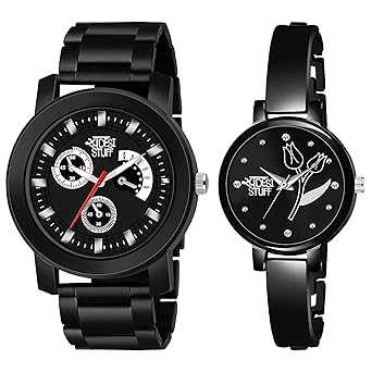 Swadesi Stuff Black Color Dial Round Shap Elegant Analog Couple Watch for Men and Women - Combo of 2