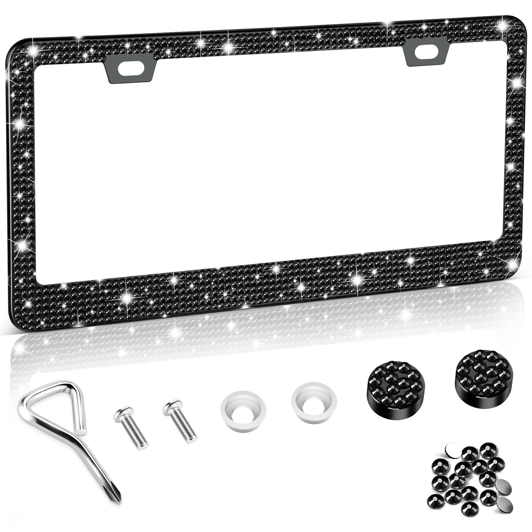 Amiss Bling License Plate Frame for Women, 1Pack Rhinestone Handcrafted Crystal Premium Stainless Steel, Stainless Steel Car Accessories with Diamond Sparkle Glitter Caps (Black)