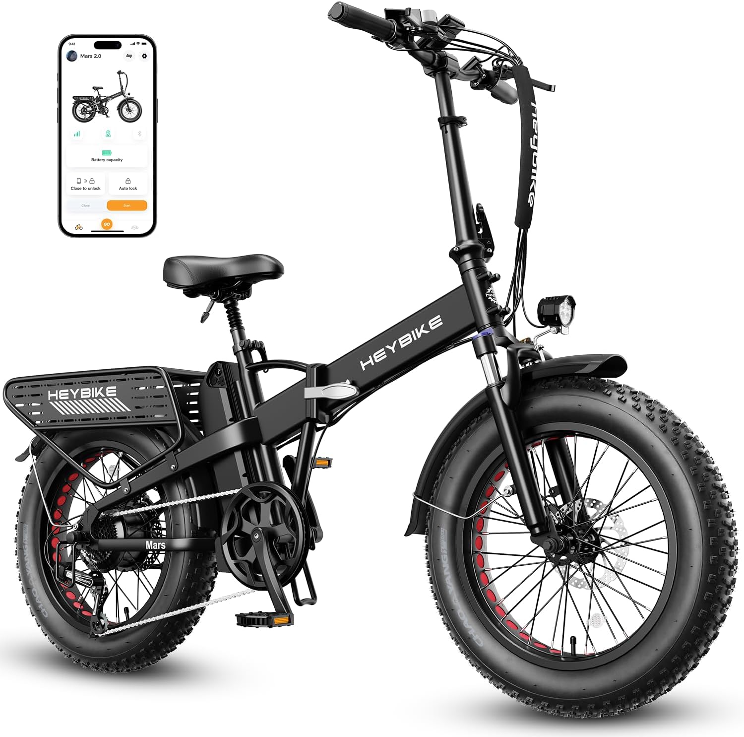 Heybike Mars 2.0 Electric Bike for Adults with 1400W Peak Motor, 28MPH Top Speed,and 600Wh Removable Battery,UL Certificated Folding Electric Bicycle with 20"ร4" Fat Tire and Full Suspension
