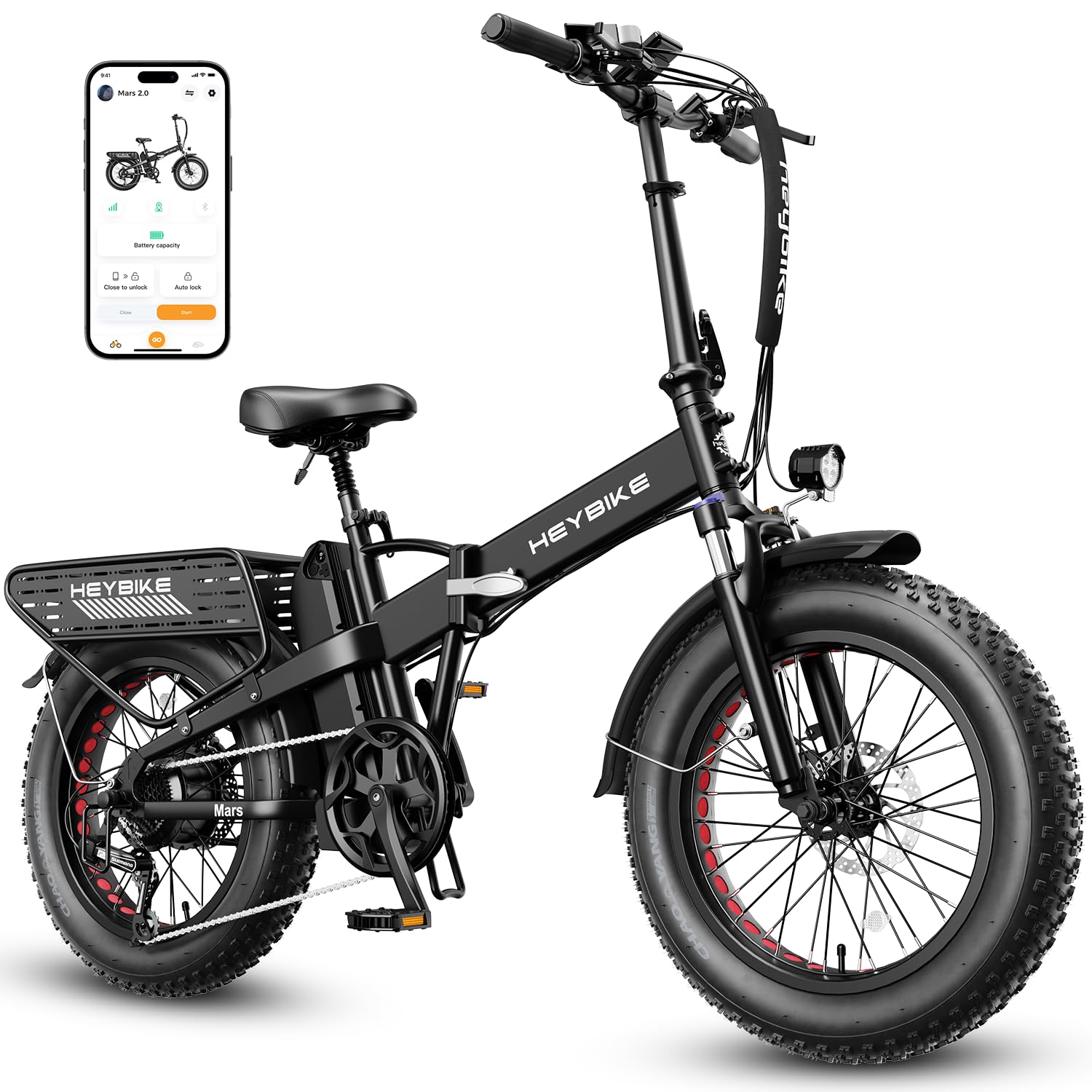 Heybike Mars 2.0 Electric Bike for Adults with 1400W Peak Motor, 28MPH Top Speed,and 600Wh Removable Battery,UL Certificated Folding Electric Bicycle with 20"×4" Fat Tire and Full Suspension