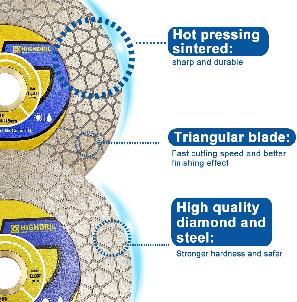 HIGHDRIL Diamond Saw Blade - 5pcs 4-1/2inch (115mm) Diamond Tile Cutting Blade for Ceramic Porcelain Tile Marble Granite Quartz Dekton Artificial Stone