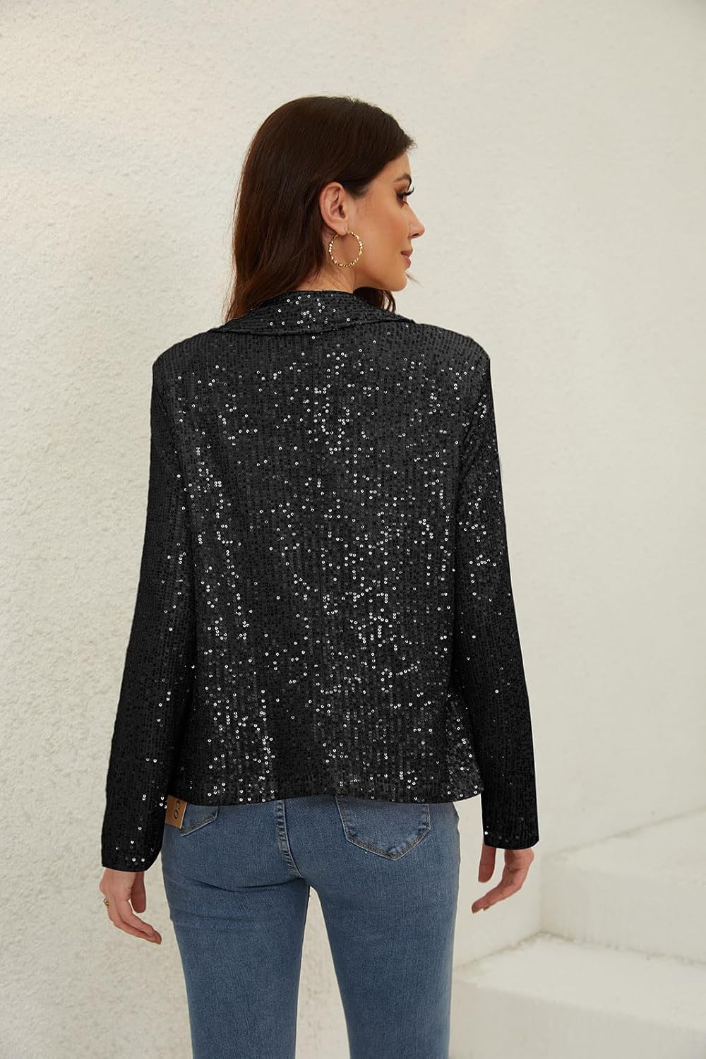 utcoco Women Sequin Blazer Casual Long Sleeve Open Front Sparkle Blazer Jacket (X-Large, Black)