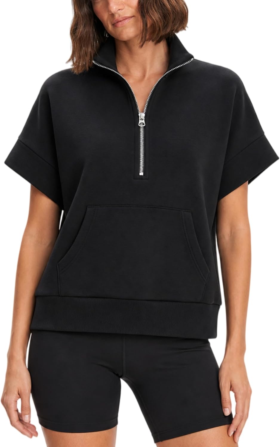 Women's Half Zip Sweatshirt Short Sleeve Pullover | Relaxed shape, mock neck, wide sleeve bands, front pouch pocket and ribbed hem; machine washable for everyday wear.