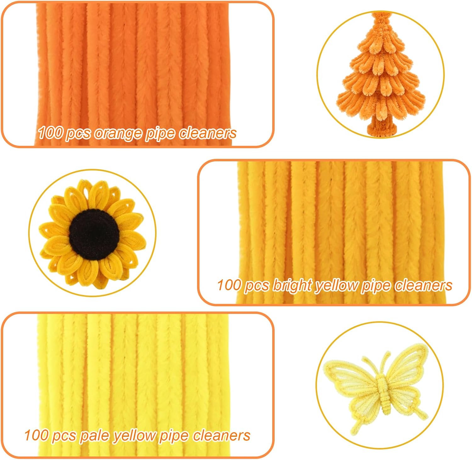 300Pcs Yellow Pipe Cleaners Craft, 30cm Long x 6mm Thick 3 Assorted Fluffy Pipe Cleaners Pastel Chenille Stems, Gradient Yellow Pipe Cleaners Bulk Fuzzy Sticks for Art DIY Flowers Festive Decoration