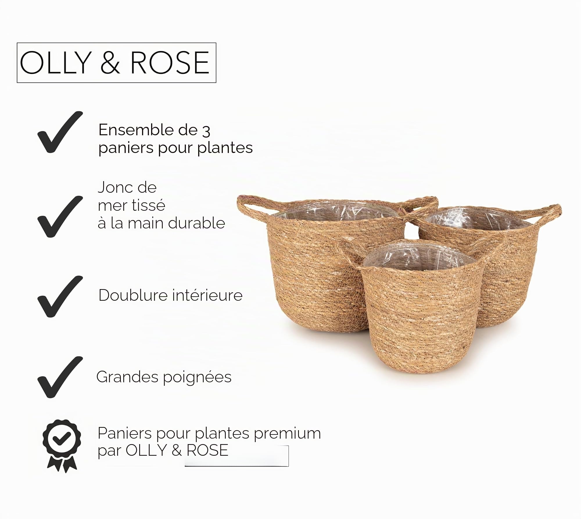 Olly & Rose Lot de 3 paniers de fleurs d'intérieur de qualité supérieure – Paniers en jonc de mer naturel tissé avec doublure pour plantes de petite et moyenne taille