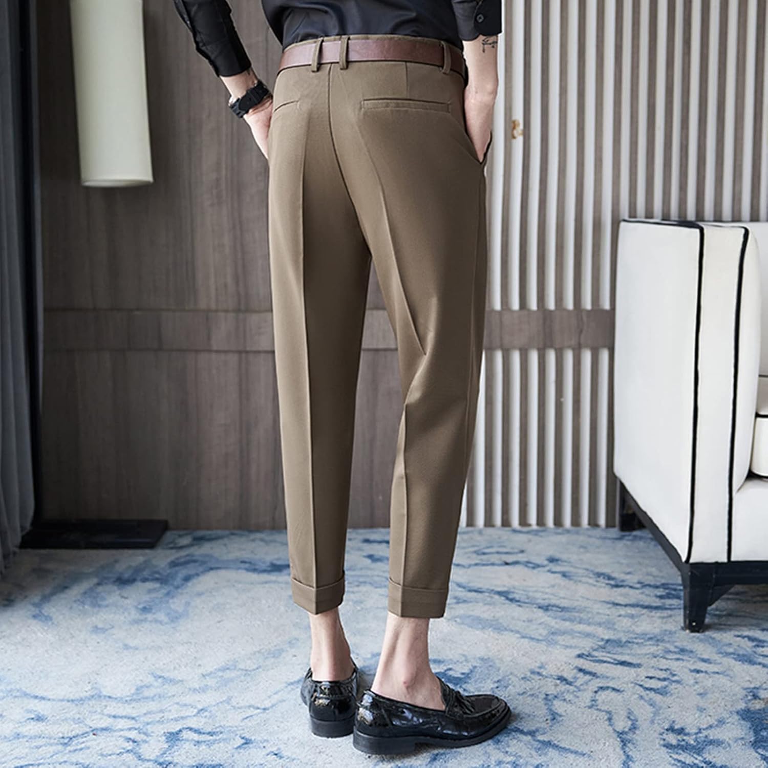 DGHM-JLMY Men Crop Casual Slim Rolled Suit Pants Front Flat Dress Pants Slim Fit Wrinkle-Free Comfort Stretch Dress Pant