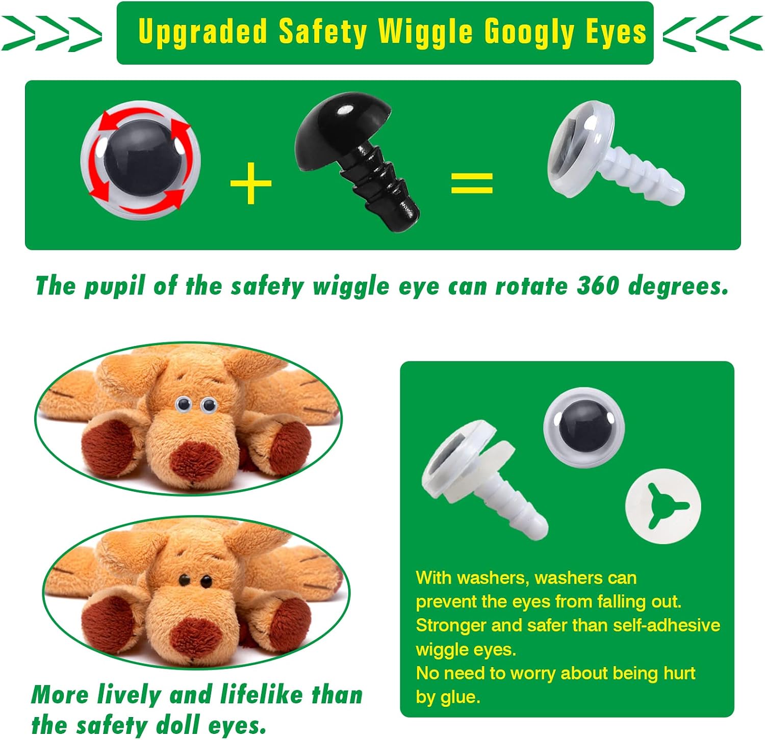 TOAOB 50pcs Black Wiggle Googly Eyes Plastic Safety Eyes 10mm Round Craft Eyes with Washers for DIY Arts Crafts Stuffed Animals Amigurumis Bears Dolls Making