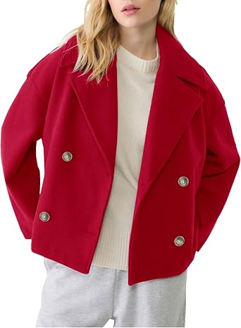 Womens Cropped Pea Coat Trench Coats Casual Wool Jackets Outerwear0398-Red-M
