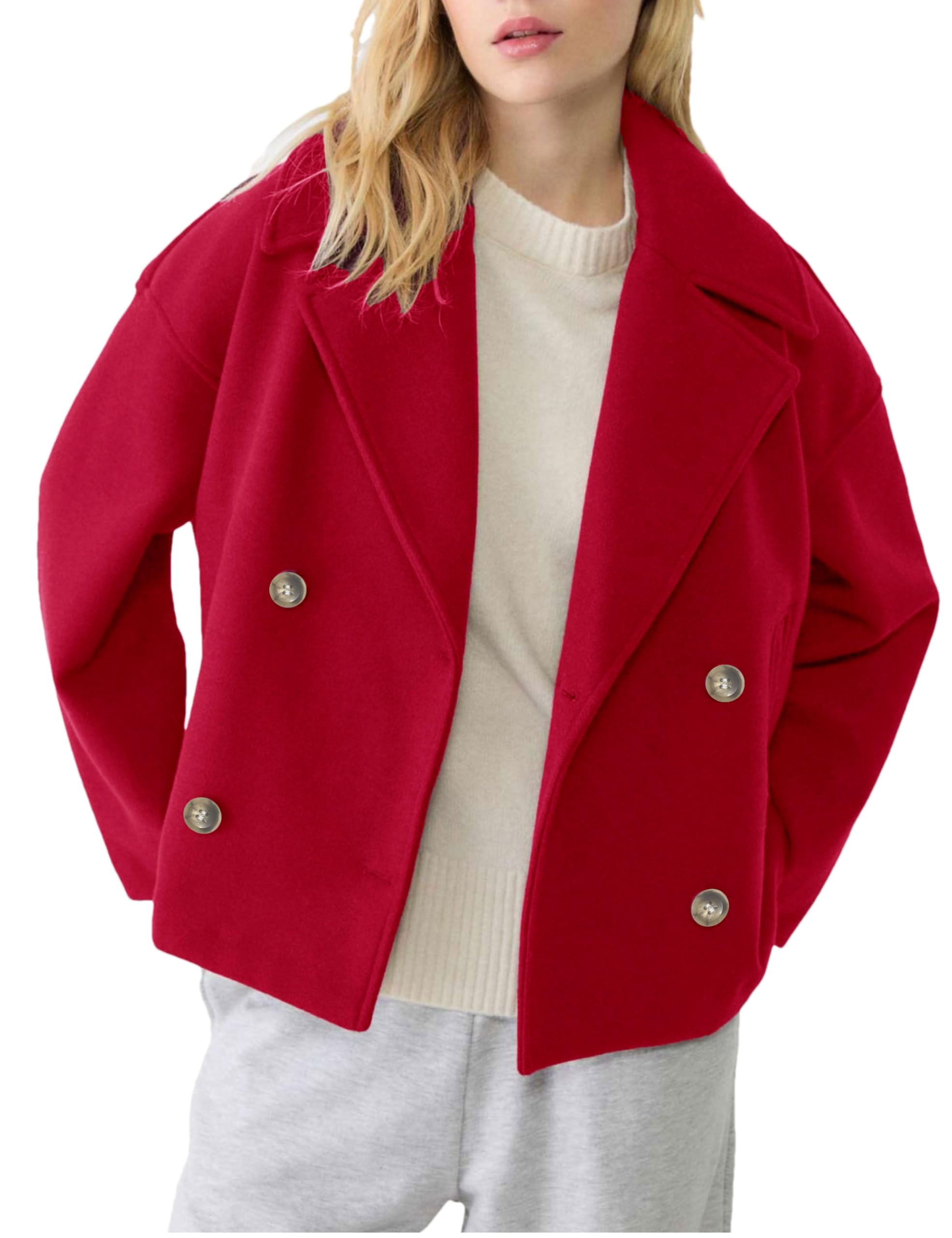 Womens Cropped Pea Coat Long Sleeve Notched Lapel Trench Overcoat Casual Double Breasted Jackets with Pockets-image-1