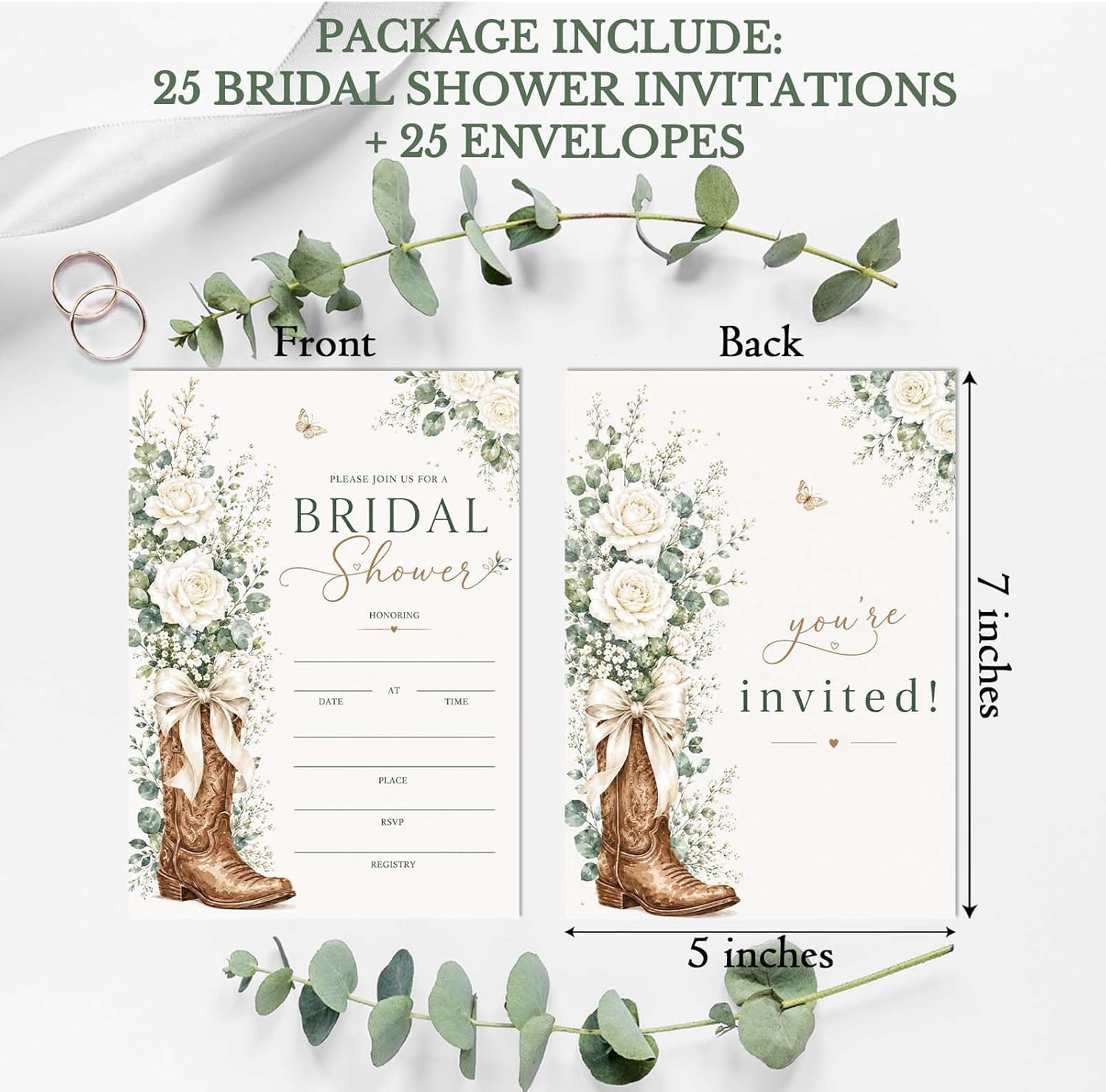 Bridal Shower Invitations, Western Greenery Invitation Cards for Bride to Be, 25 Floral Wedding Shower Invites for New Couples Engagement Bachelorette Party-B03