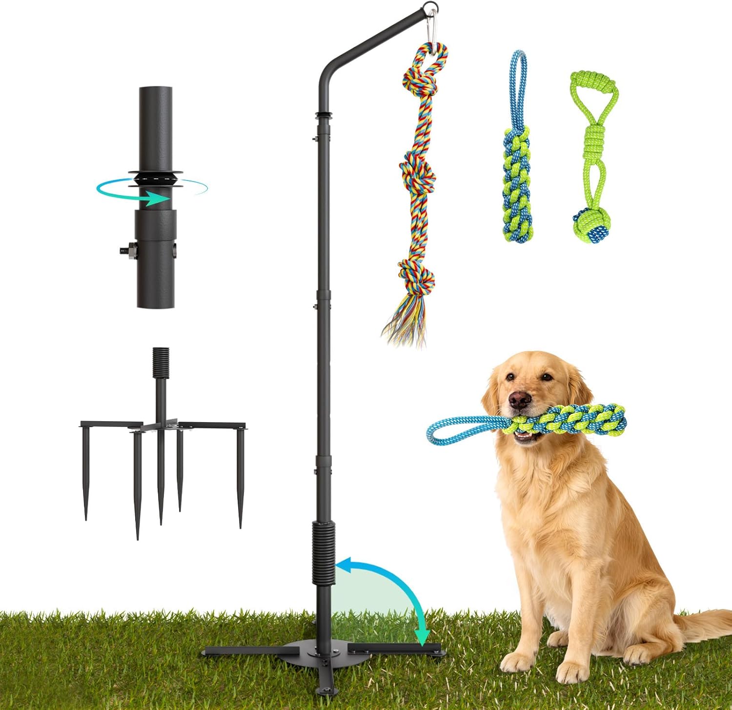 Outdoor Tug of War Dog Toy with Strengthen Spring Pole, Sturdy & Durable, Adjustable Height for Large, Medium & Small Dogs;3 Kinds Dog Tug of War Toys for Self-Play & Interactive in Park, Yard & Lawn