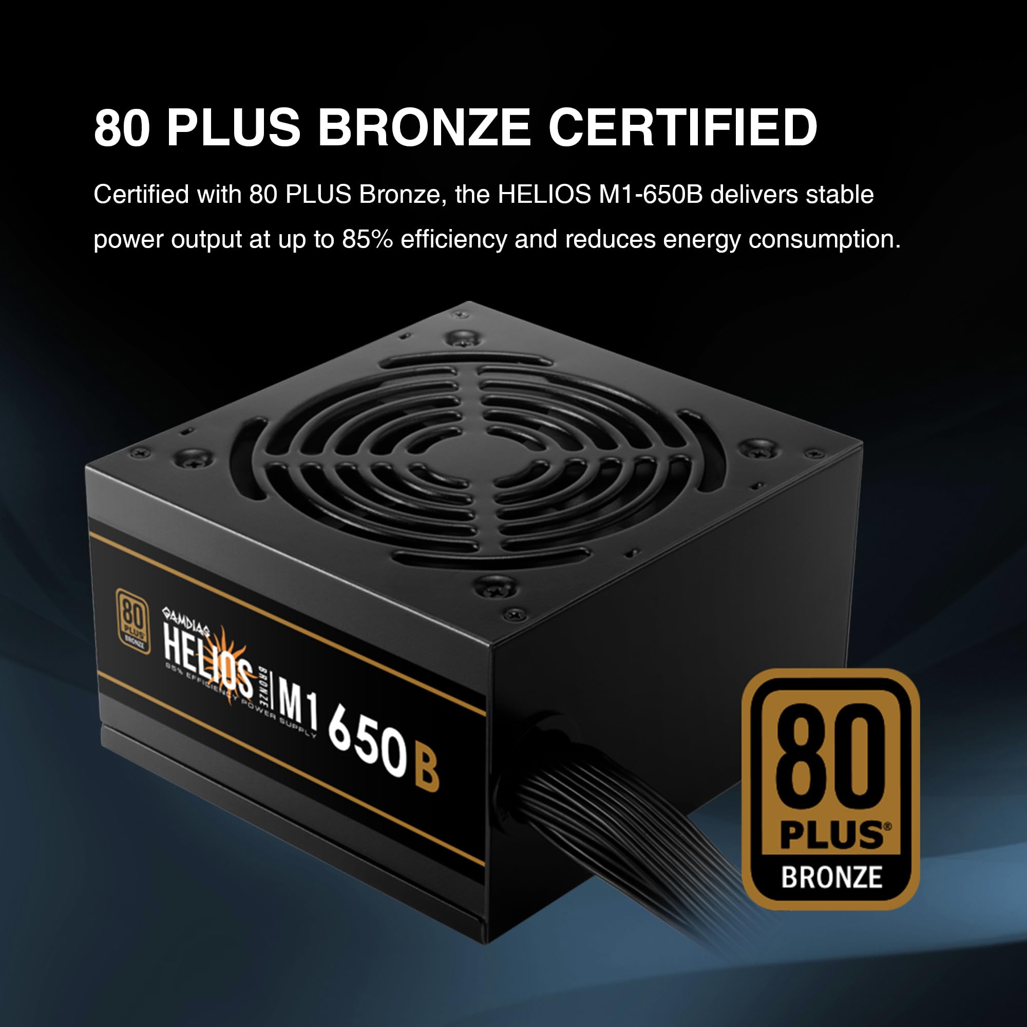 GAMDIAS HELIOS M1-650W (EU) Alimentatore PC Gaming ATX Non Modulare PSU - Certificazione 80 PLUS Bronze - Ventola PWM silenziosa 120 mm - Efficienza dell'85% - Cavo piatto facile da installare - Nero