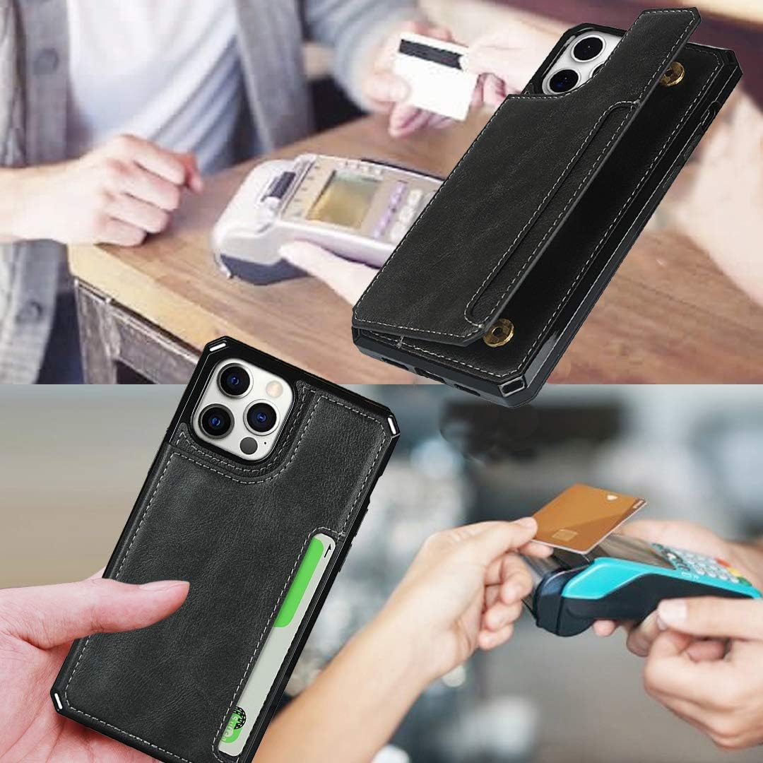 Cavor for iPhone 12 Pro Max Case with Card Holder,for iPhone 12 Pro Max Wallet Case for Women Men,Phone Case 12 Pro Max Case with Stand & Strap,Leather Shockproof Protective Case Cover- Black