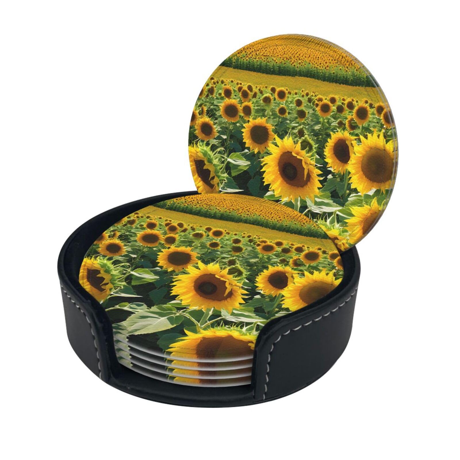 Many Beautiful Sunflowers Print Coaster,Round Leather Coasters with Storage Box for Wine Mugs,Cold Drinks and Cups Tabletop Protection (6 Piece)