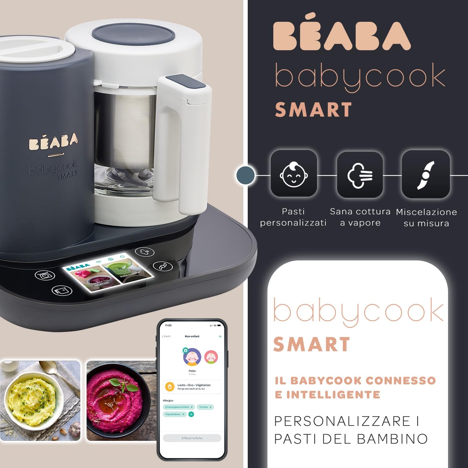 BÉABA BabycookSmart, Cuoci Pappa per Bambini, Bilancia, Ciotola in Vetro, Cestino Acciaio Inox, 2.25 L, Cottura Vapore, Schermo Tattile, Antracite