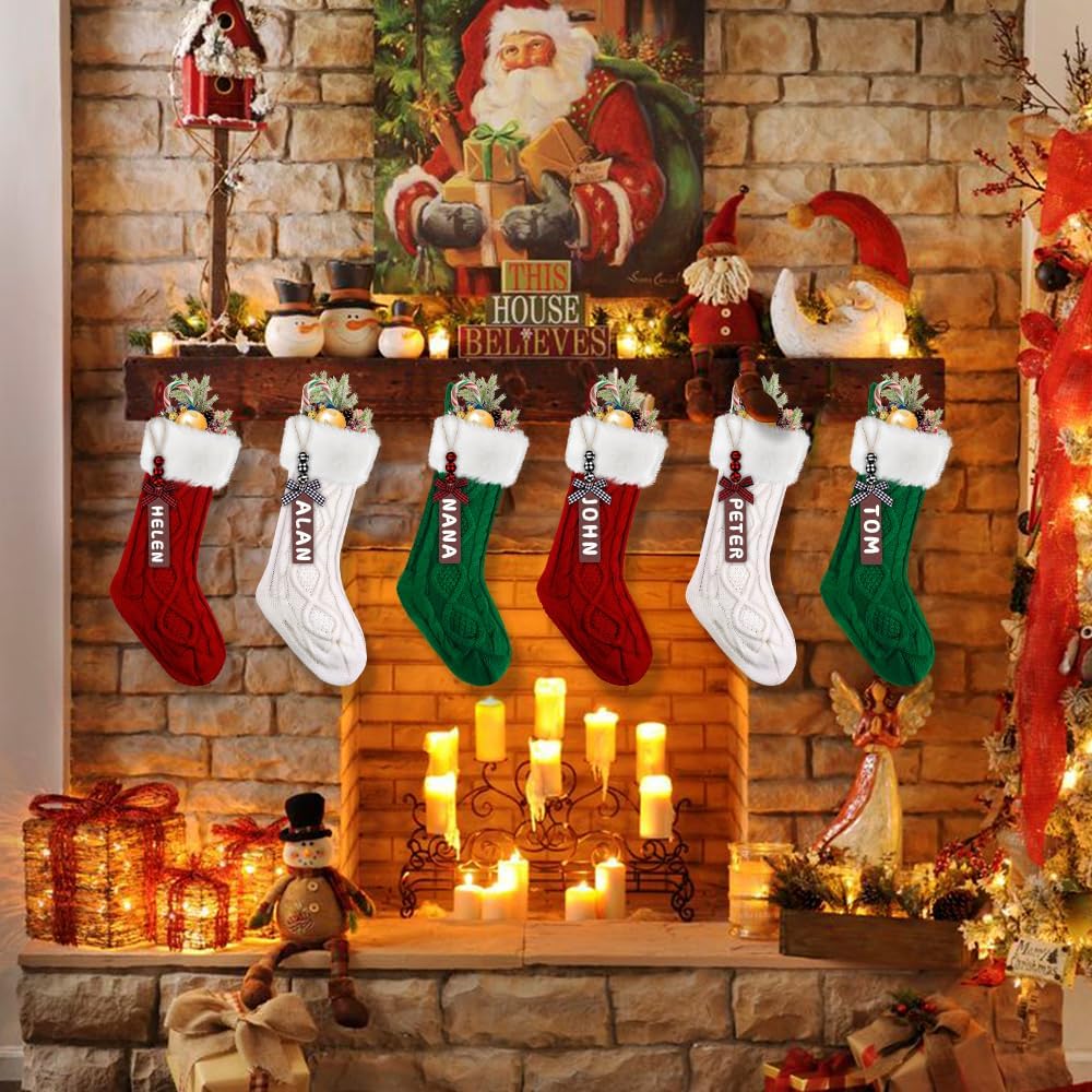 XIMISHOP 6Pcs Christmas Stocking,18”Large Cable Knitted Stocking with Tags | Personalized Xmas Hanging Stocking Decorations with Name Tags for Holiday Christmas Party Family Decor(Green Red White）
