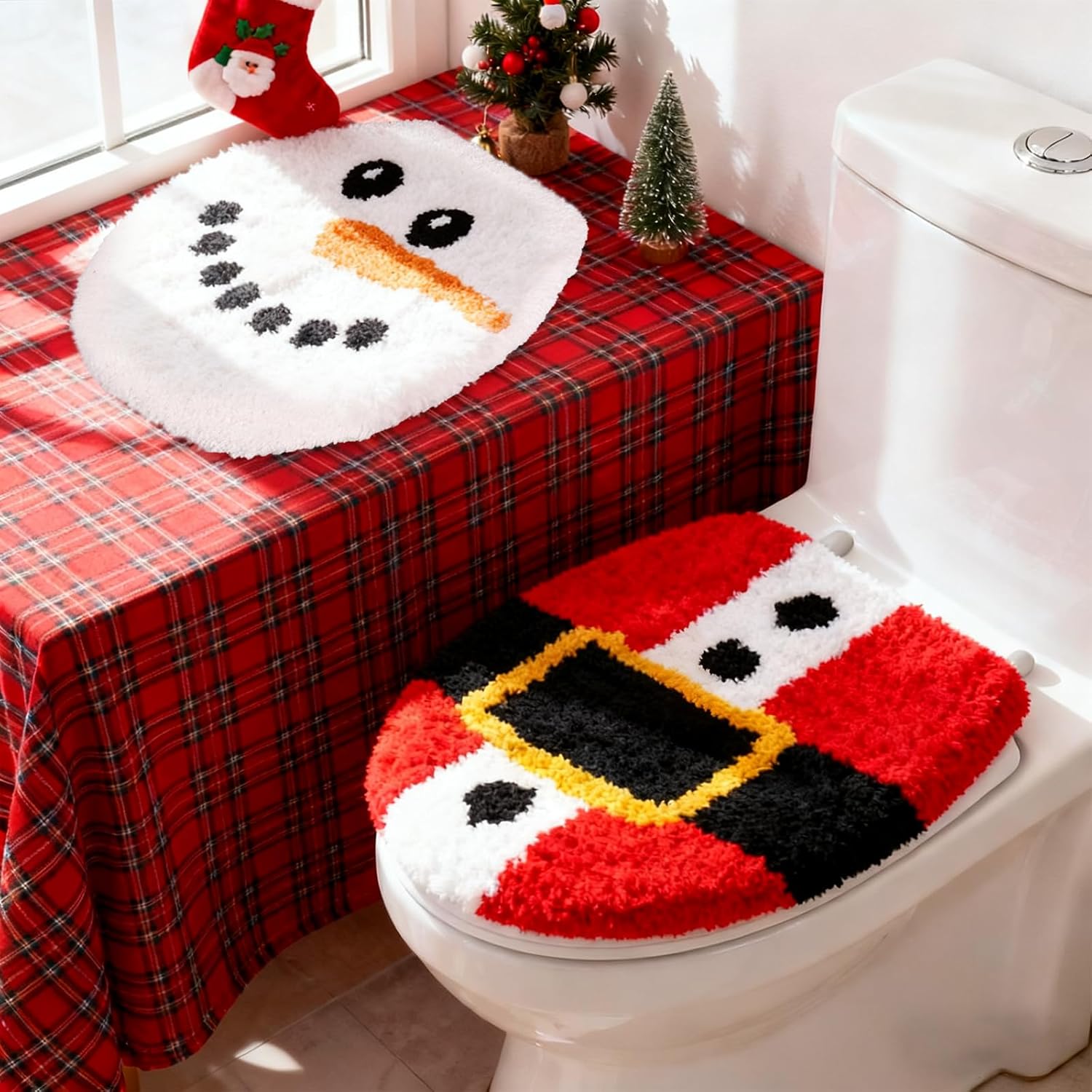 FYSUIMU 2 Pcs Christmas Toilet Seat Cover Funny Snowman Santa Belt Soft Toilet Lid Cover with Adjustable Rubber Backing for Bathroom Xmas Winter Holiday Party Decoration