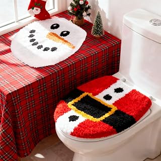 2 Pcs Christmas Toilet Seat Cover Funny Snowman Santa Belt Soft Toilet Lid Cover with Adjustable Rubber Backing for Bathroom Xmas Winter Holiday Party Decoration