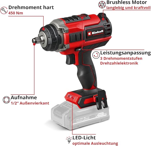 Einhell Professional Akku-Schlagschrauber IMPAXXO 18/450 Power X-Change (18 V, 450 Nm, 3 Leistungsstufen, Brushless, 1/2"-Aufnahme, inkl. Nuss-Set, ohne Akku) - 3