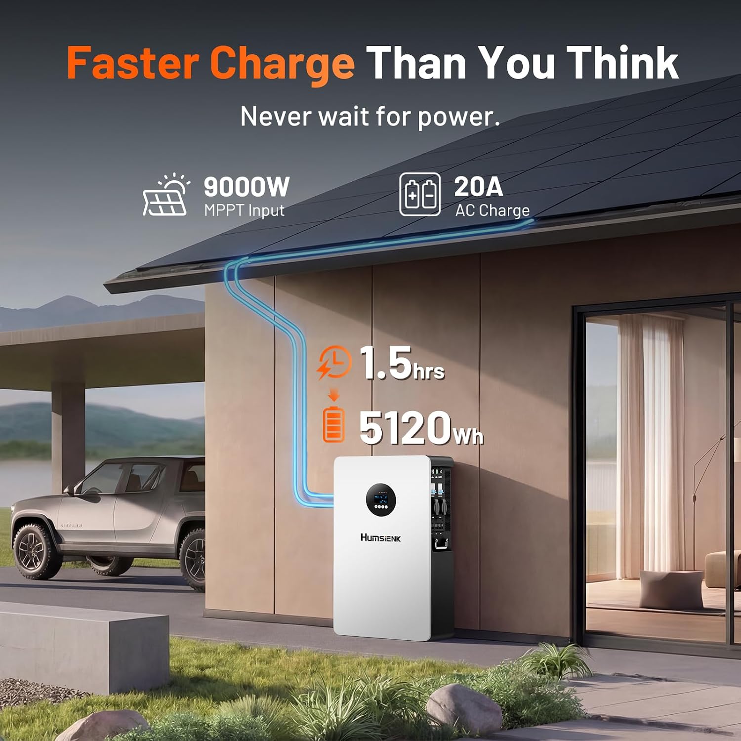 Diagram showing solar panels charging the HumsiENK system and a house