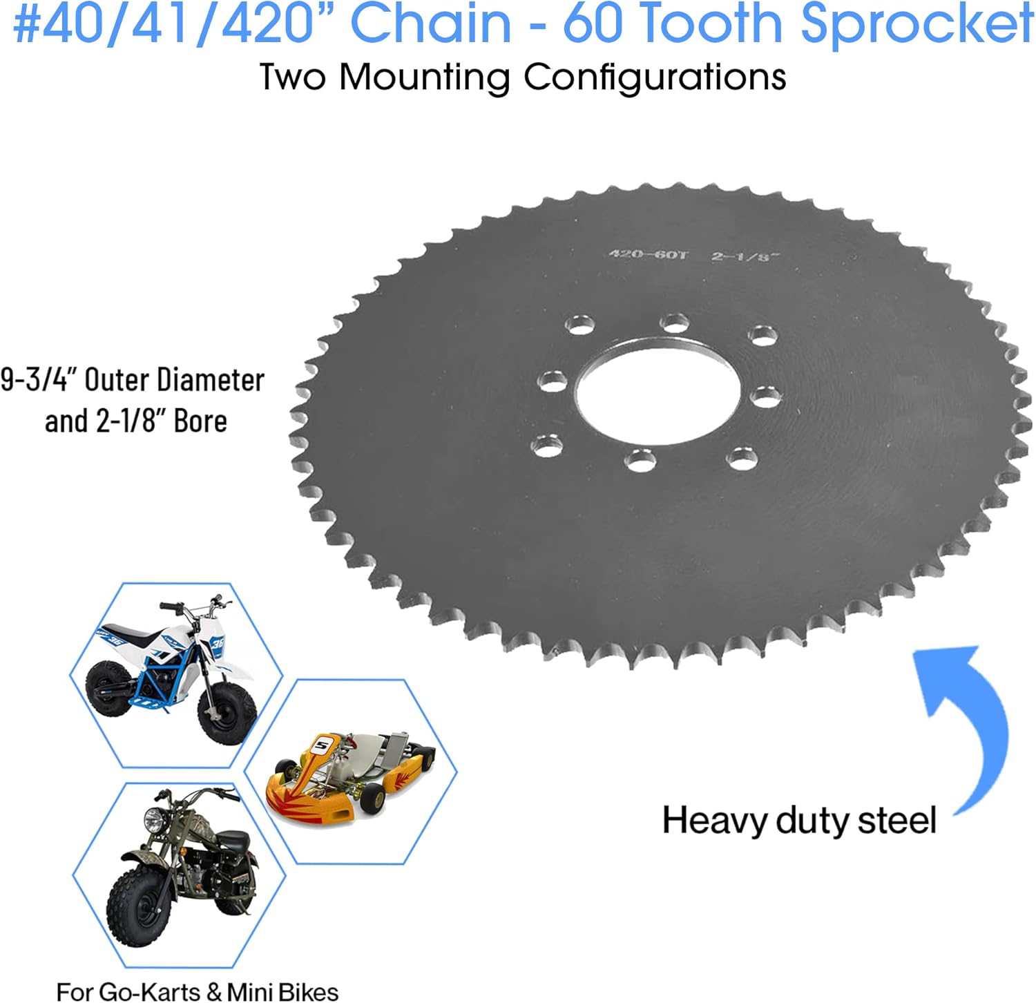 AlveyTech #40/41/420 Chain 60 Tooth Steel Sprocket - Replacement Parts for Go-Kart, Mini Dirt Bikes, ATV, 4-Wheel Quad, Gas Power Karts, Pit Bike Accessories, 2-1/8" Bore 1/2" Pitch DIY Install 1-Pack