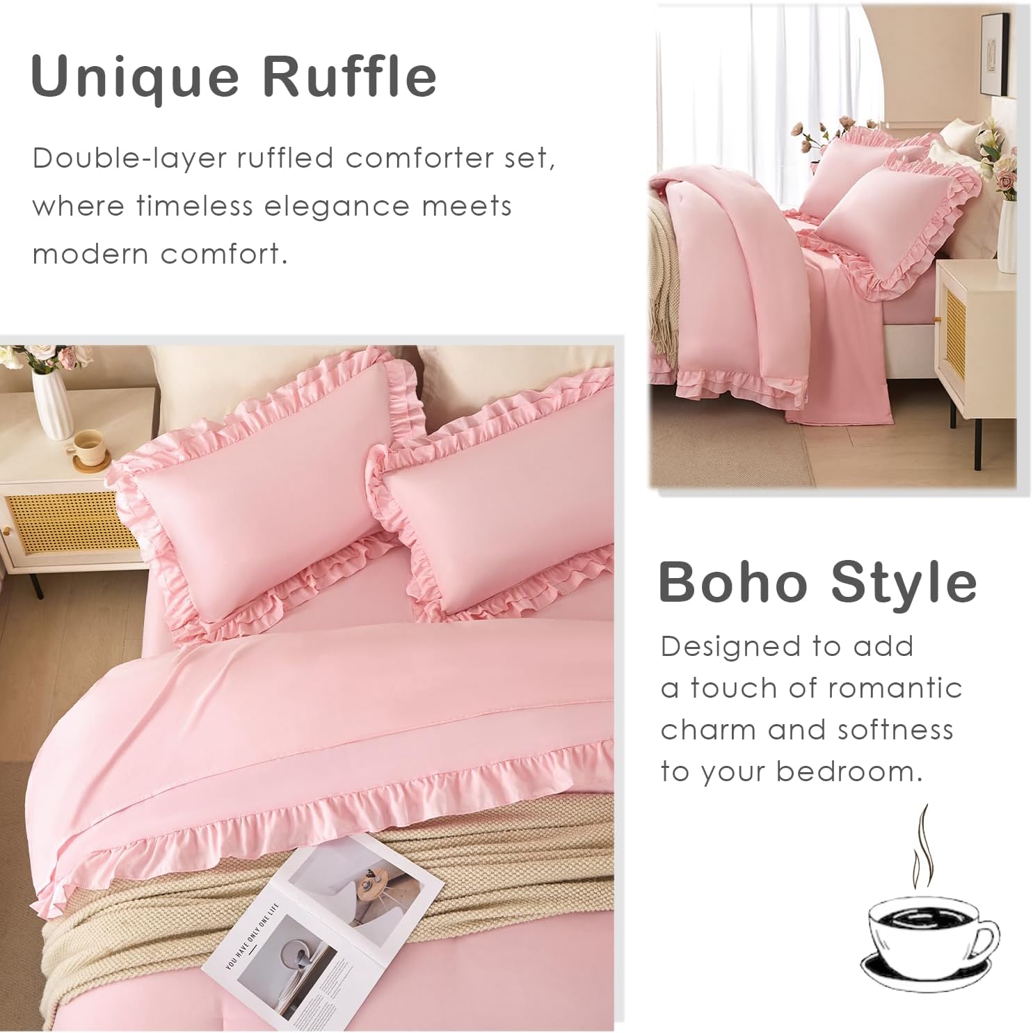 PERFEMET Pink Ruffle Comforter Set King, 5 Pieces Ruffled Bed in a Bag with Sheets, Vintage Shabby Chic Bedding Soft Fluffy All-Season Bedroom Decor for Women (Light Pink, King)