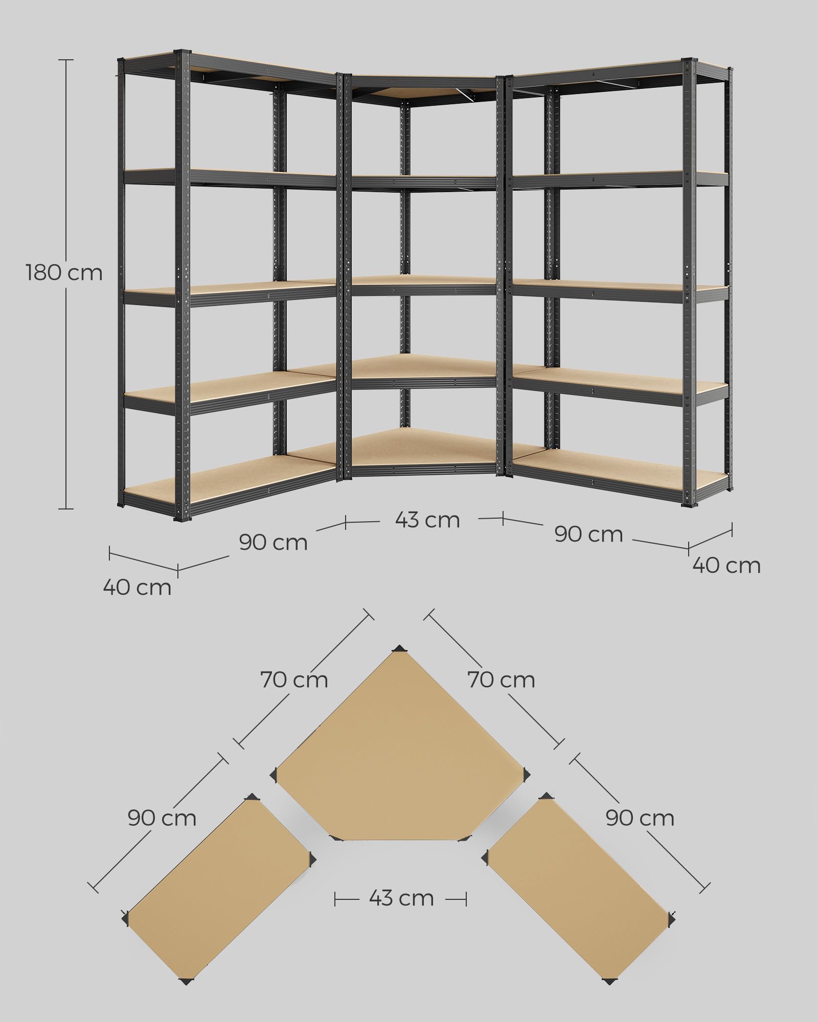 SONGMICS Ensemble d’Étagères d’Angle à 5 Niveaux, Étagères de Rangement en Acier, Charge Lourde, Garage, Entrepôt, Capacité de Charge 2625 kg, Noir d'encre et Beige Naturel GLR070B03 | Étagère de rangement pour garage, salle de rangement, cave GLR070B03