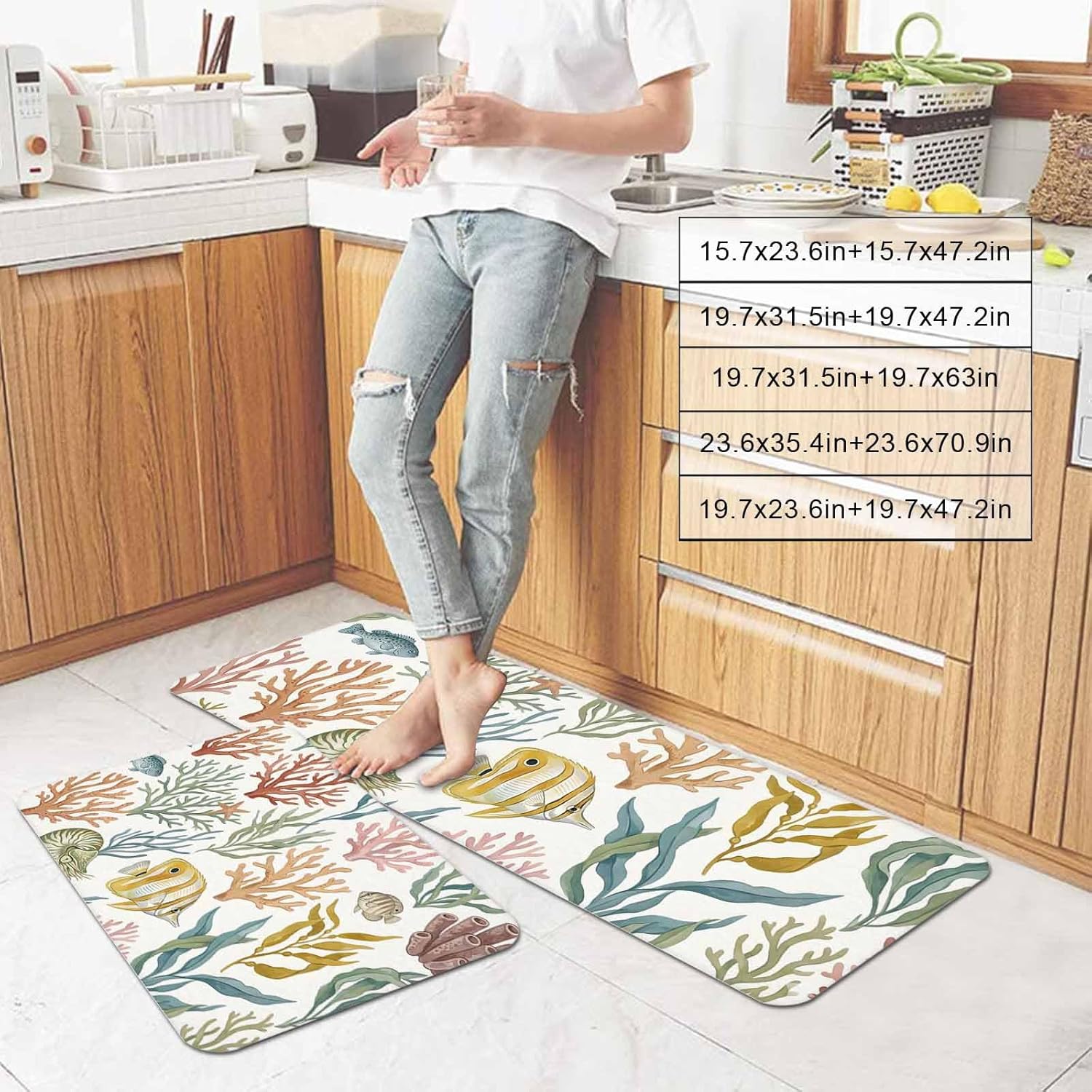 Prime Leader Marine Life Kitchen Mat Set 2 Pieces Watercolor Fish Green Coral Seahorses Summer Modern Non Slip Kitchen Rugs Washable Runner Rug Mats for Sink Laundry (19.7" x 31.5"+19.7" x 47.2")