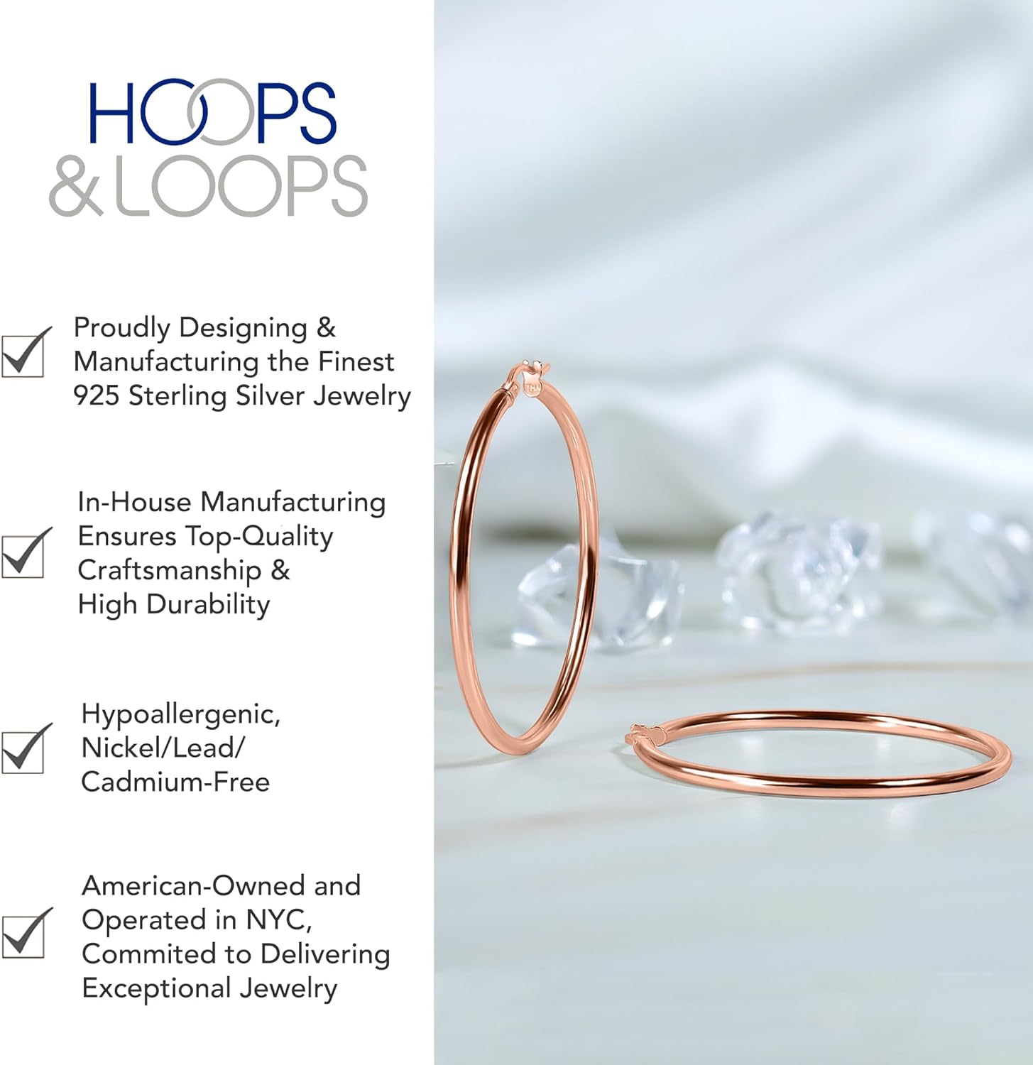Hoops & Loops - Sterling Silver 45mm High Polished Click Top Hoop Earrings in Rose Gold Flash Plated