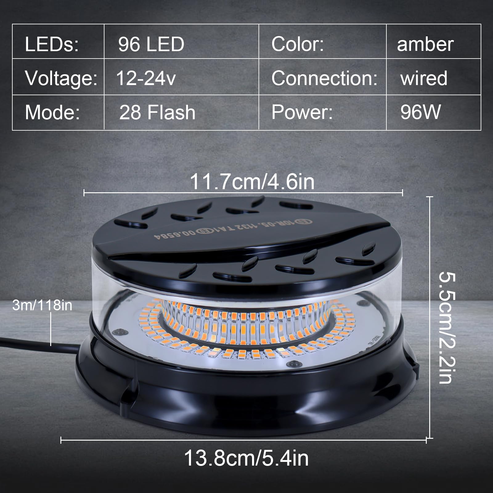 Dinfu Rotativo Luz Estroboscópica LED 12V-24V Faro Giratorio Magnético Amarillo 3m para Vehículos