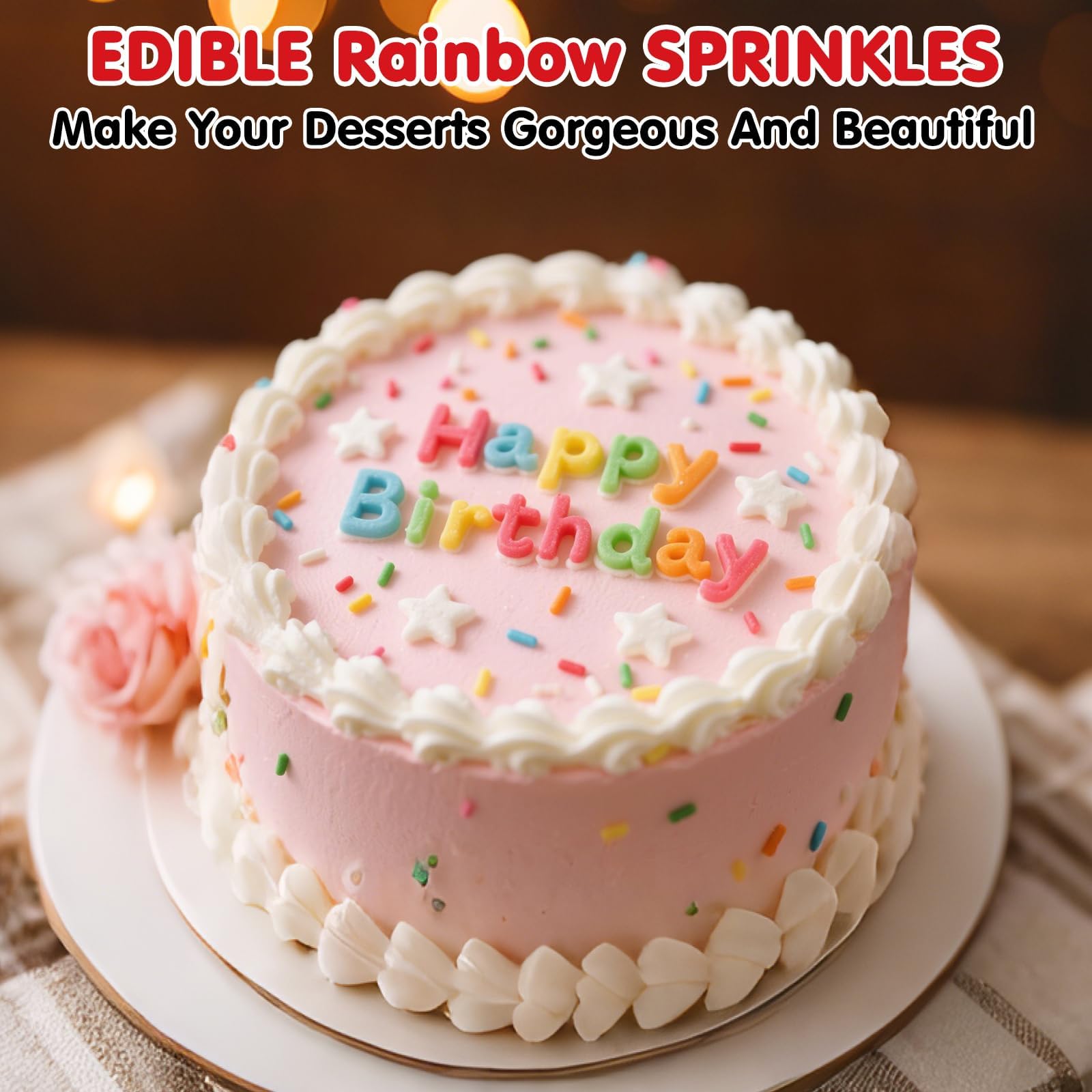 Colorful Jimmies Sprinkles,Edible Rainbow Sprinkles for Cake Decorating,White Stars Sprinkle Candy Mix Coloured Jimmies,Dessert Decorations,Cupcake,Cookies,Ice Cream Topper