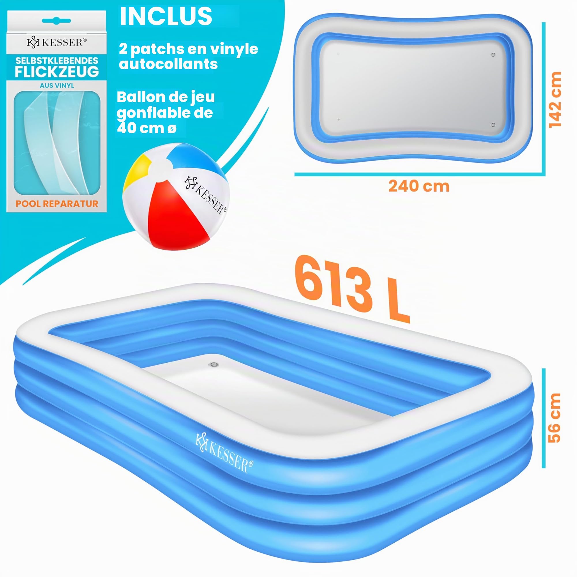 KESSER® Piscine Gonflable Familiale pour Enfants et Adultes, Rectangulaire Bleu Clair, 240x142x56 cm, 613 litres, Adaptée aux Enfants, Trous de Drainage