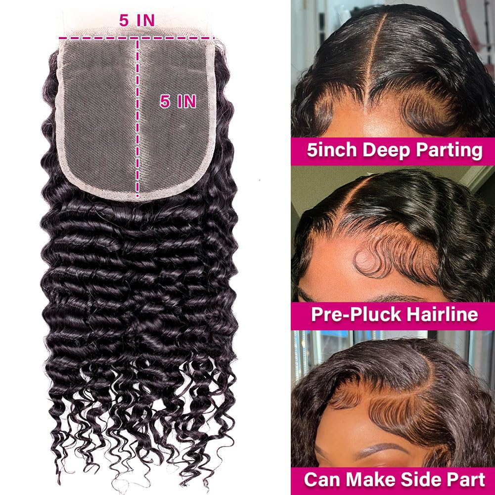 5x5 HD Lace Deep Wave Closure Human Hair SKINLIKE 0.1mm Ultra-Thin Invisible HD Lace Pre Plucked Small Knots Closures 12A Unprocessed Brazilian Virgin Remy Hair Wet And Wavy 10 Inch