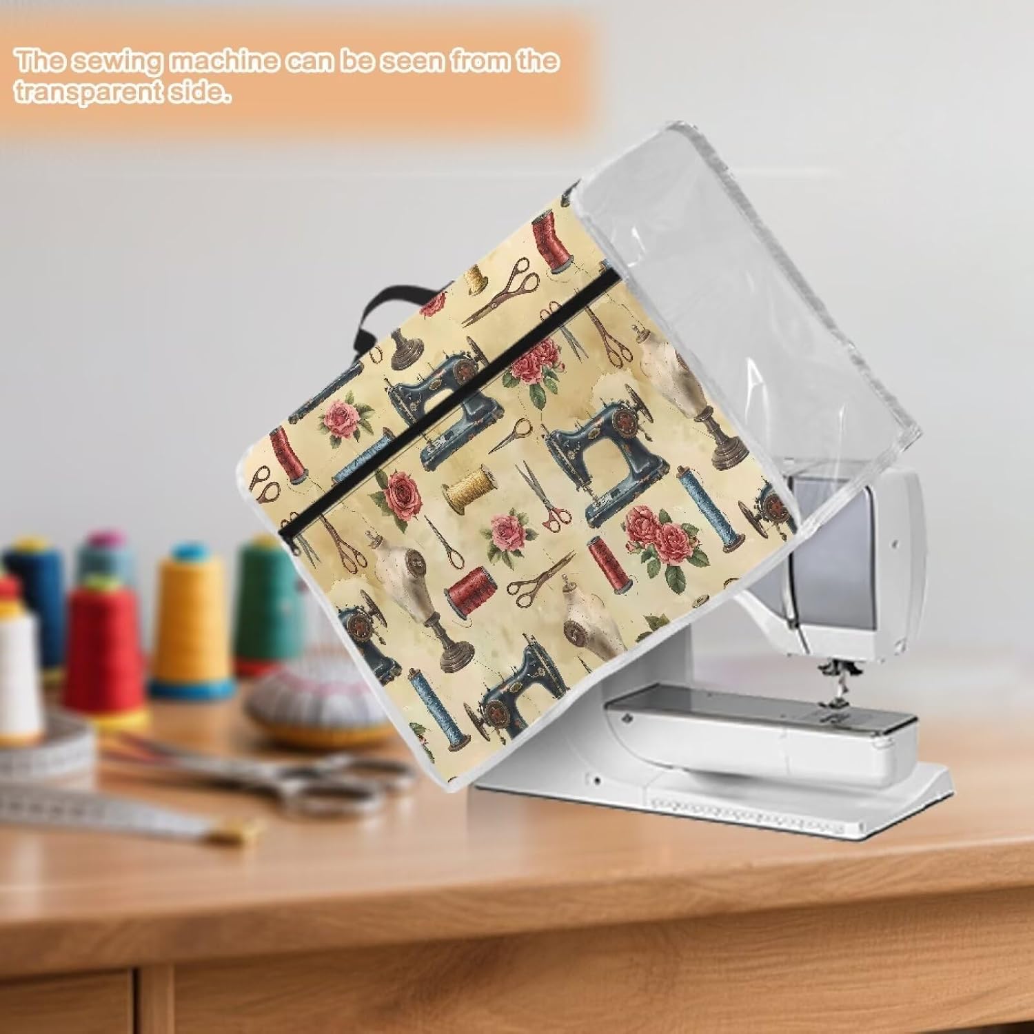 Sewing Machine Carrying Case Sewing Machine Dust Cover for Home Decor Dustproof Waterproof Scratchproof Protector with Storage Pockets（Sewing Machine Print）