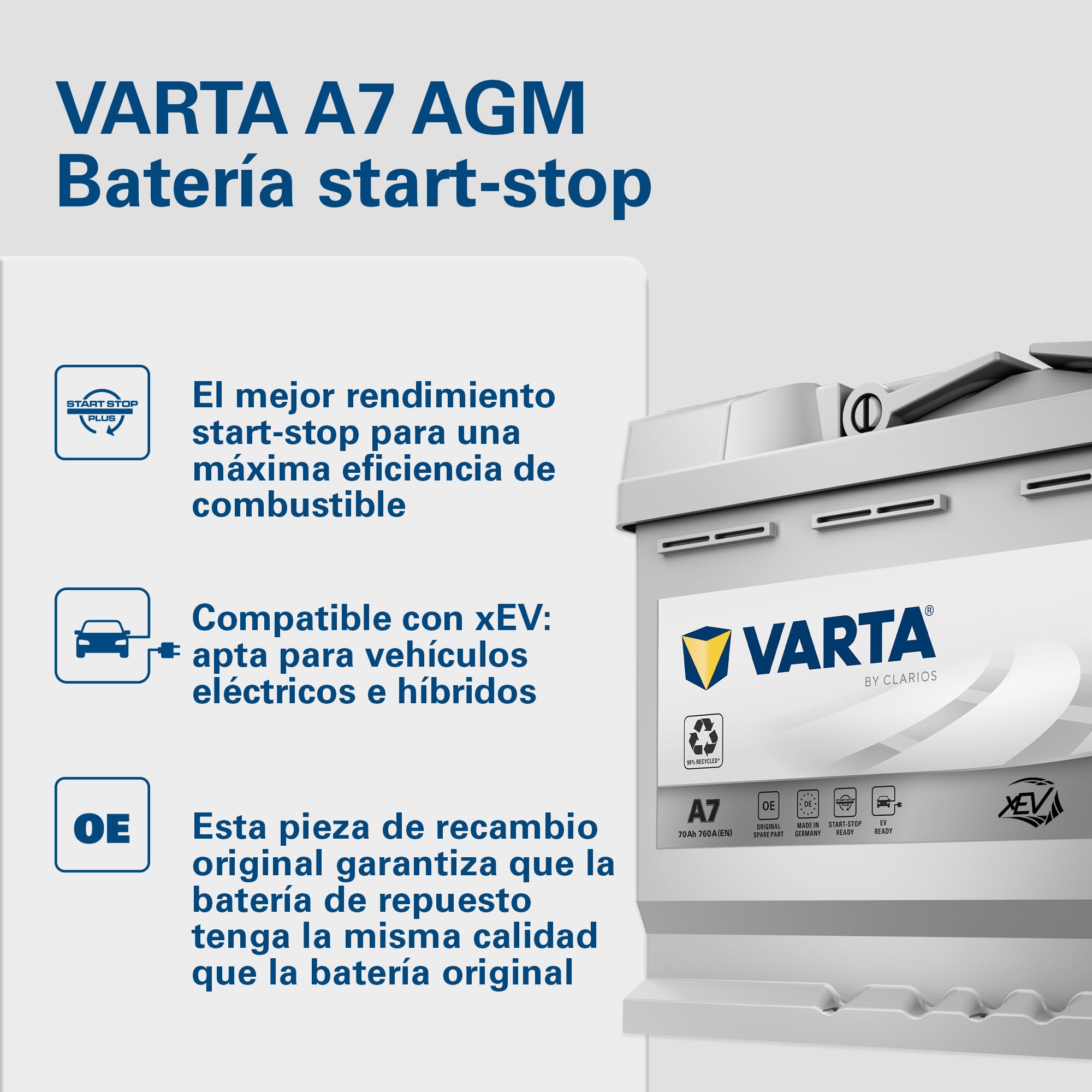 VARTA Batería Silver Dynamic AGM A7 (E39) – Start-Stop y batería de coche xEV 12 V 70 Ah 760 A – Batería de arranque para coches con alto consumo de energía